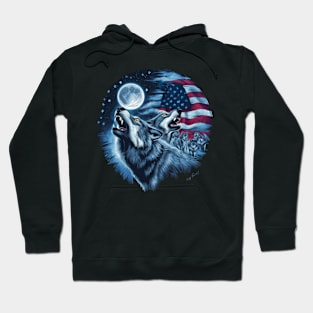 Wolves Under Moon Howling Wolf 4th of July American Flag Hoodie